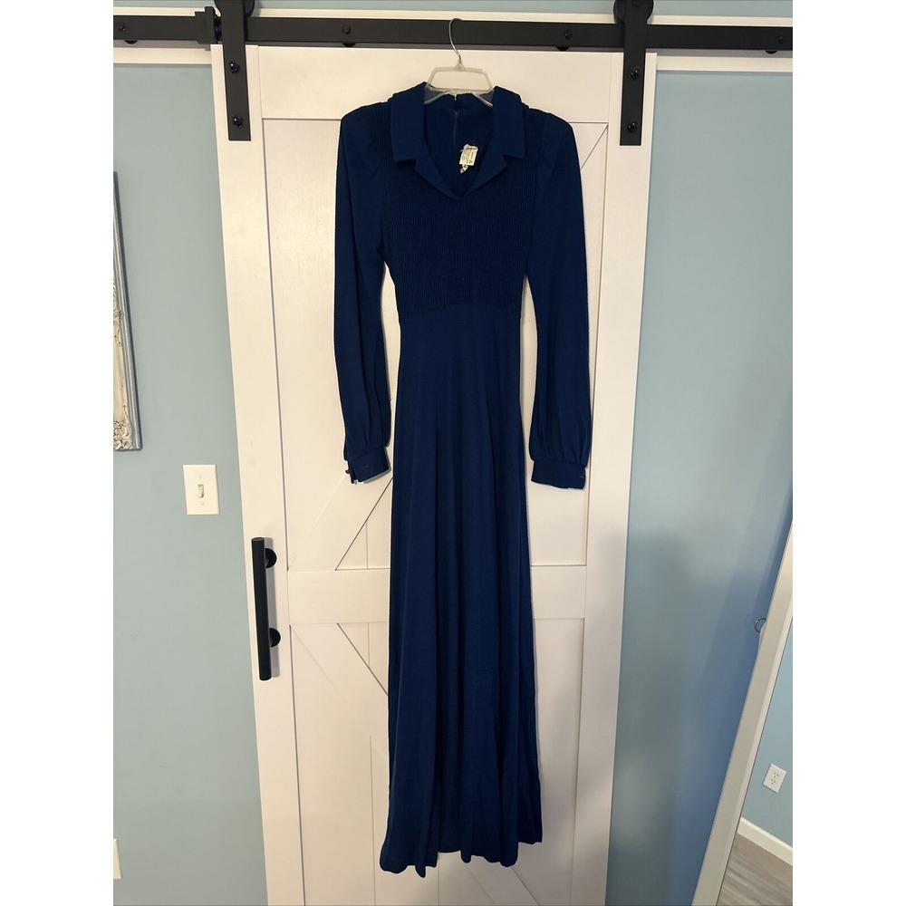 JODY OF CALIFORNIA Vintage 70's Long Maxi Dress Sz XL Boho Blue Collared **read